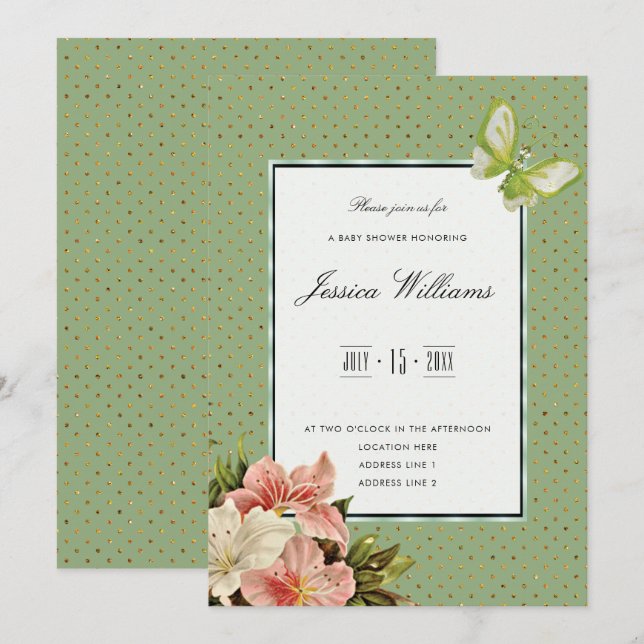 Chic Lilies & Gem Butterfly Baby Shower Invitation (Front/Back)