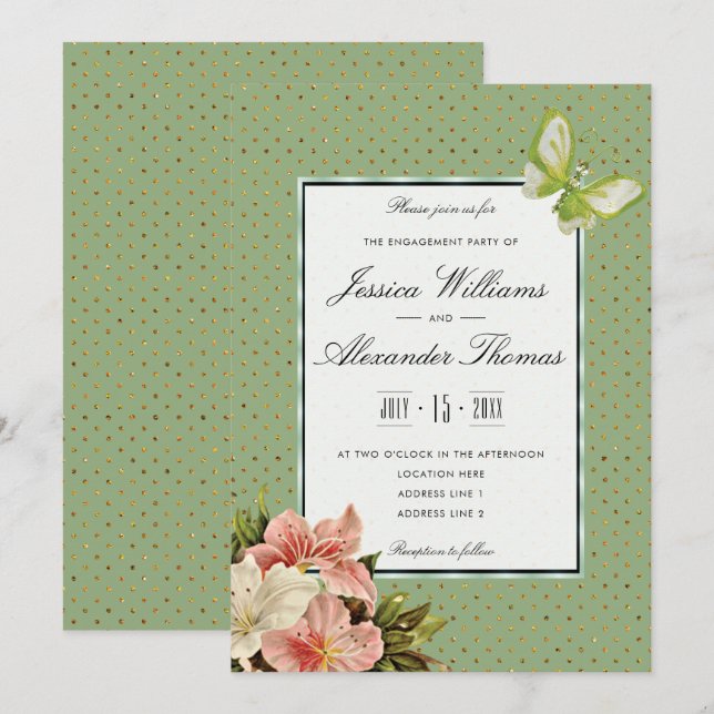 Chic Lilies & Gem Butterfly Engagement Invitation (Front/Back)