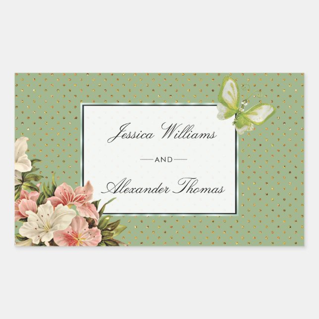Chic Lilies & Gem Butterfly Wedding Rectangular Sticker (Front)