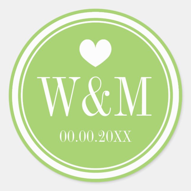 Chic lime green monogram wedding stickers or seals (Front)