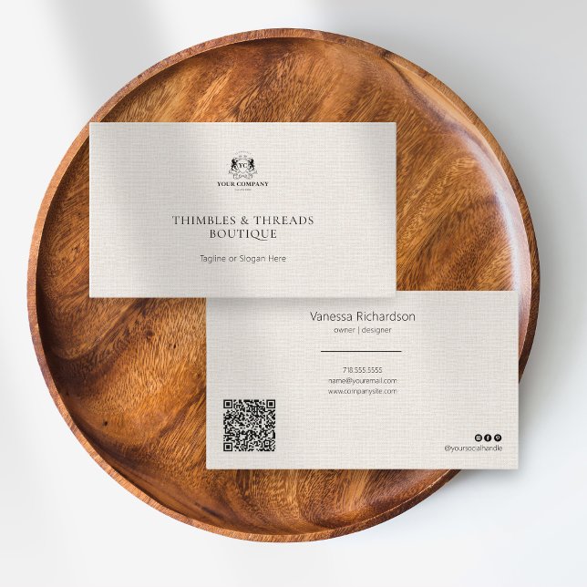 Chic Linen Simple Business Logo QR Marketing Business Card (Creator Uploaded)