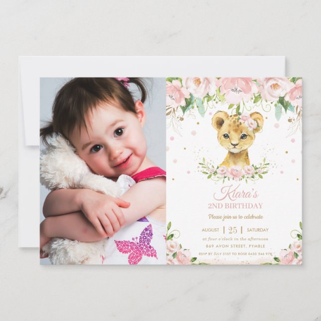 Chic Lion Cub Blush Pink Floral 1st Birthday Photo Invitation (Front)