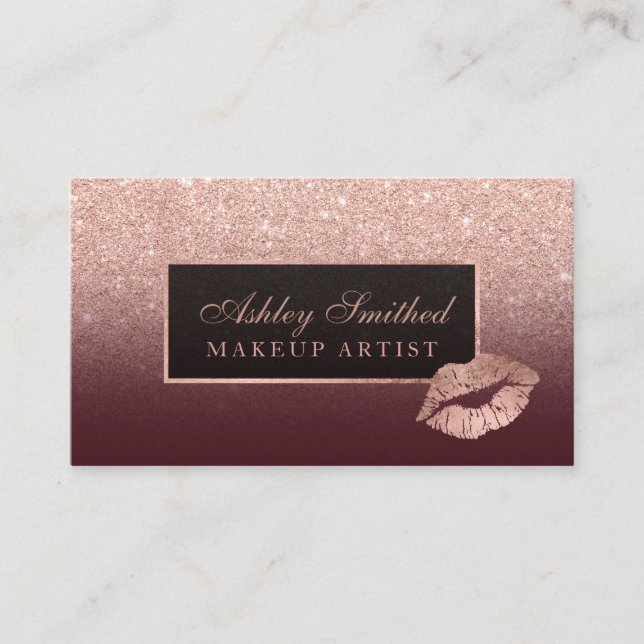 Chic lips rose gold glitter burgundy ombre makeup business card (Front)