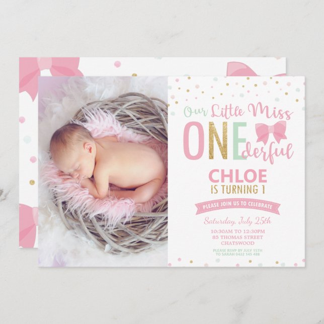 Chic Little Miss ONEderful 1st Birthday Bows Photo Invitation (Front/Back)
