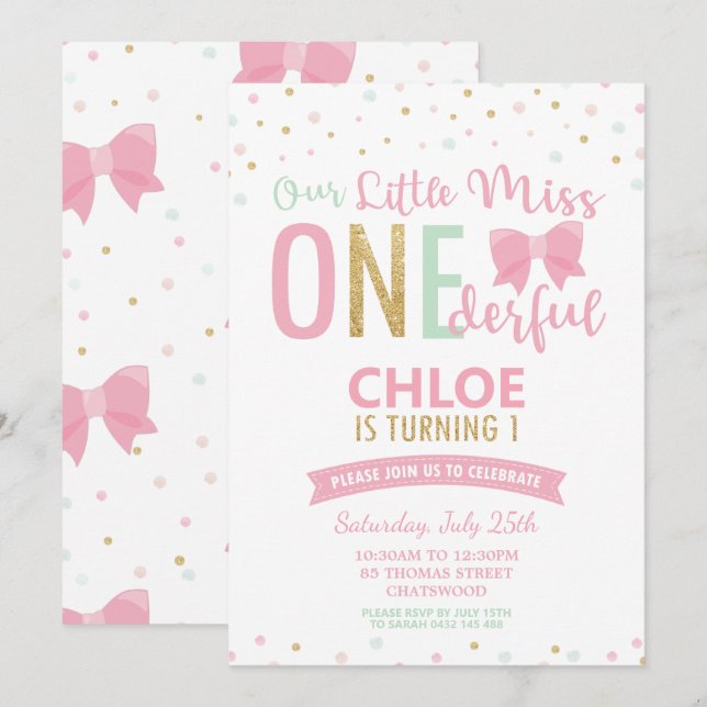 Chic Little Miss ONEderful 1st Birthday Pink Bows Invitation (Front/Back)