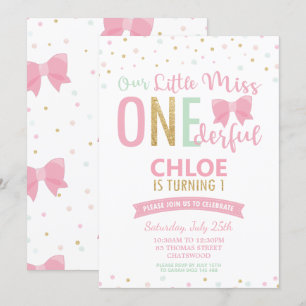 Chic Little Miss ONEderful 1st Birthday Pink Bows Invitation