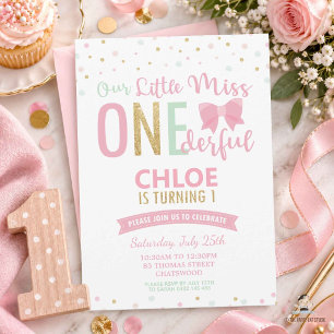 Chic Little Miss ONEderful 1st Birthday Pink Bows Invitation