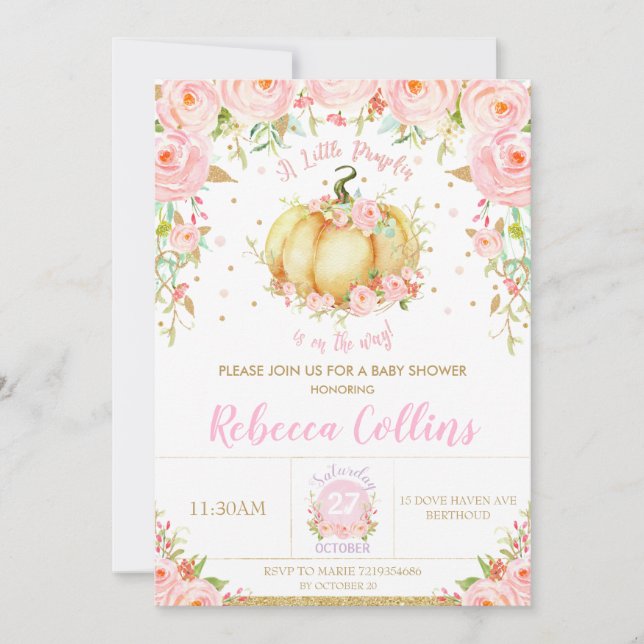 Chic Little Pumpkin Pink Floral Girl Baby Shower Invitation (Front)