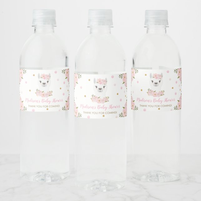 Chic Llama Blush Pink Floral Baby Shower Favour Water Bottle Label (Bottles)