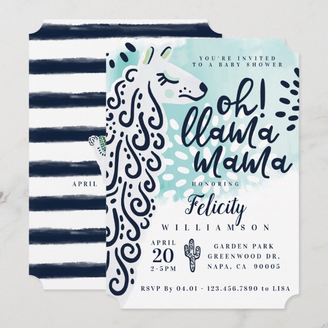 Chic Llama Mama & Stripes - It's A Boy Baby Shower Invitation (Front/Back)