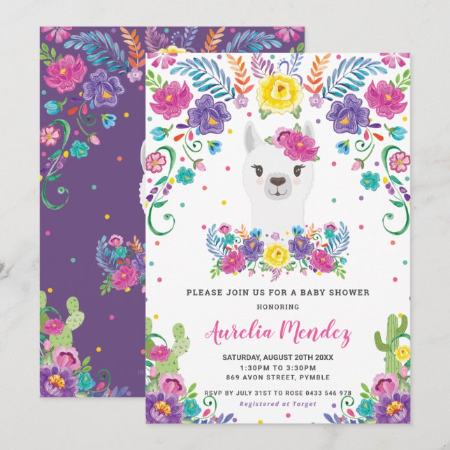 Chic Llama Mexican Floral Baby Shower Girl  Invitation (Front/Back)