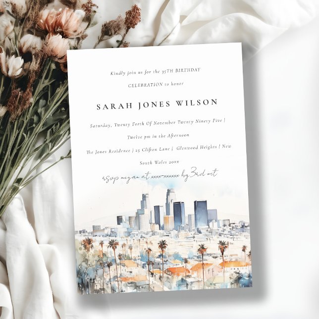 Chic Los Angeles, California Watercolor Birthday Invitation (Creator Uploaded)