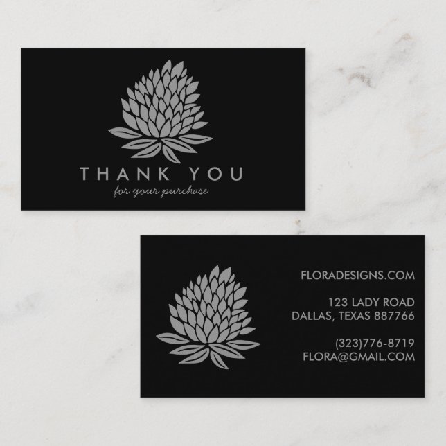Chic Lotus Flowers Black Grey Order Thank You Business Card (Front/Back)