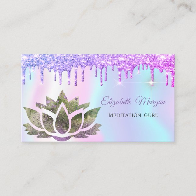 Chic Lotus Holographic Glitter Drips Appointment Card (Front)