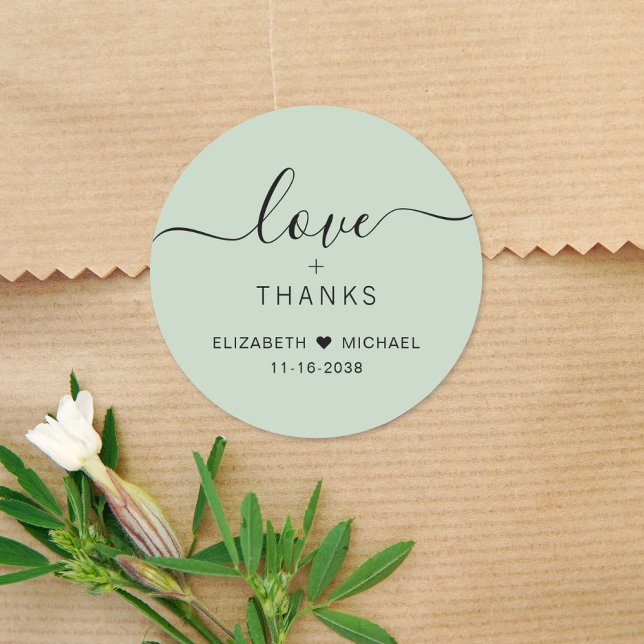 Chic Love And Thanks Sage Green Wedding Thank You Classic Round Sticker (Creator Uploaded)