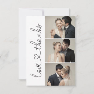 Chic Love and thanks script heart 3 wedding photos Thank You Card