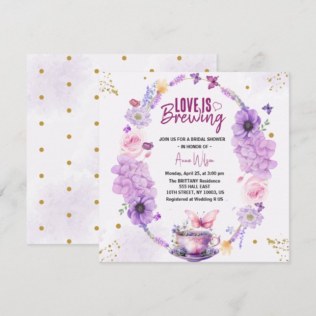 Chic love is brewing lilac lavender bridal shower  invitation (Front/Back)