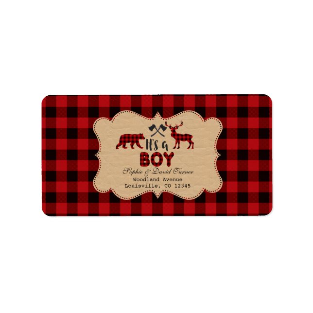 Chic Lumberjack Red Buffalo Baby Shower Label (Front)