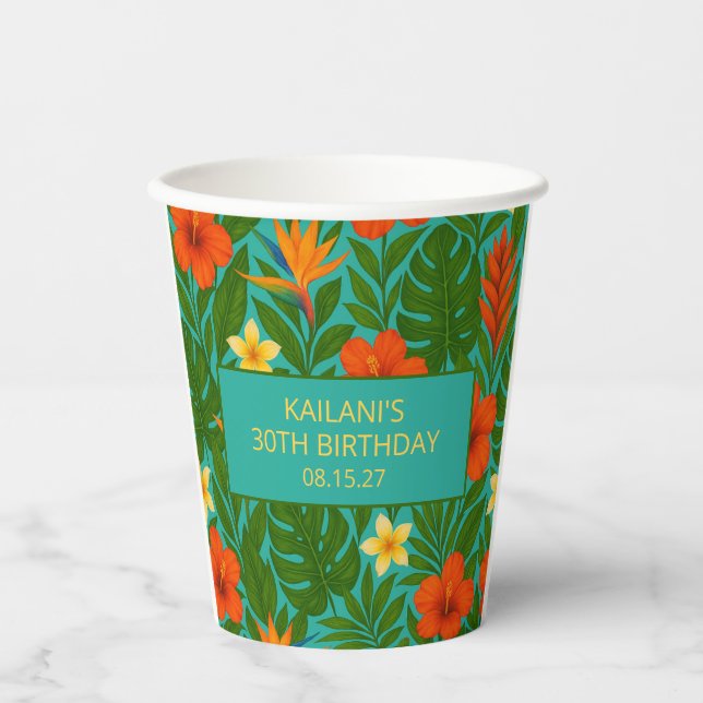 Chic Lush Tropical Floral Luau Birthday Party Paper Cups (Front)