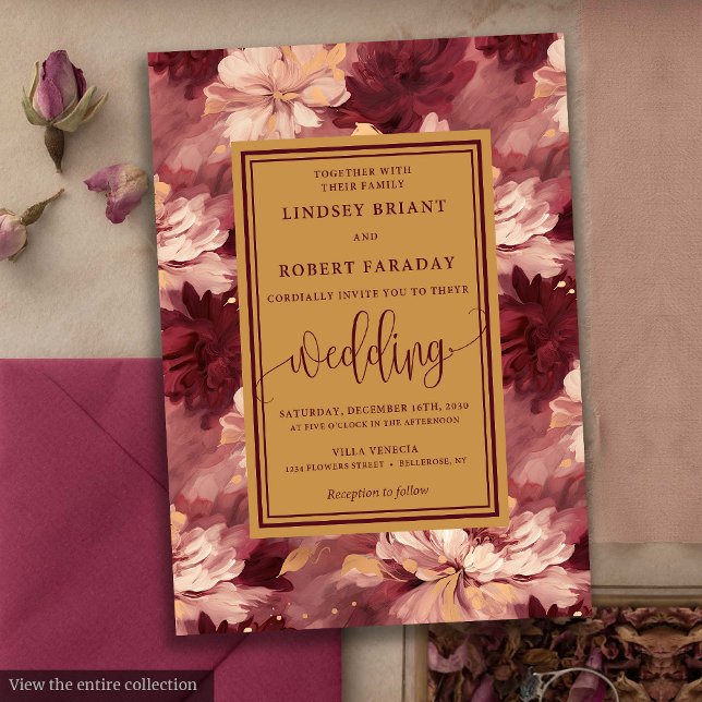 Chic Lux Burgundy Blush Gold Floral Wedding Invite (Chic Lux Burgundy Blush Gold Floral Wedding Invitation)