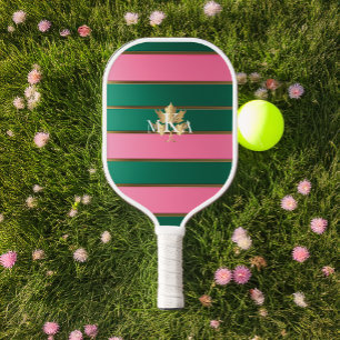 Chic Luxe Monogrammed Pink and Green  Pickleball Paddle
