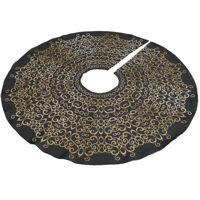 CHIC LUXURY BLACK & GOLD CHRISTMAS DAMASK CLASSY B BRUSHED POLYESTER TREE SKIRT (Angled)