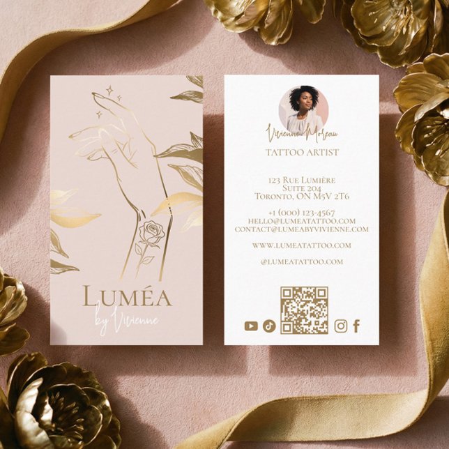 Chic Luxury Blush Pink Gold Tattoo Studio Artist Business Card (Chic Luxury Blush Pink Gold Tattoo Studio Artist Business Card)