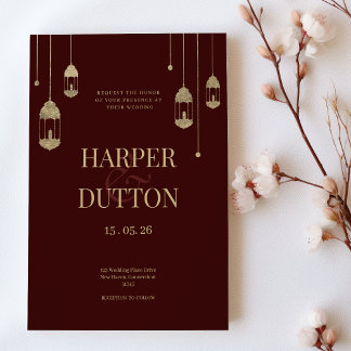 Chic luxury burgundy gold lantern lights wedding invitation