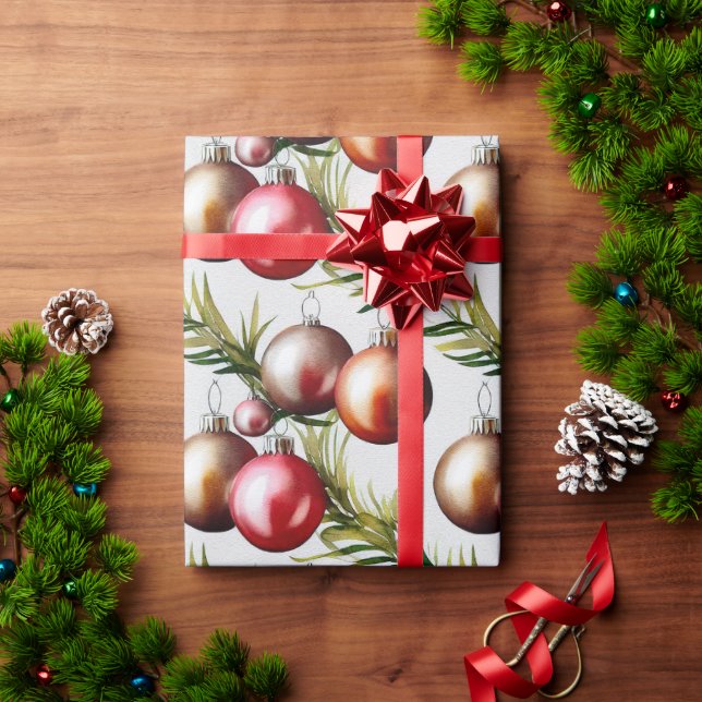 Chic Luxury Christmas Watercolor Baubles Pine Tree Wrapping Paper (Holiday Gift)