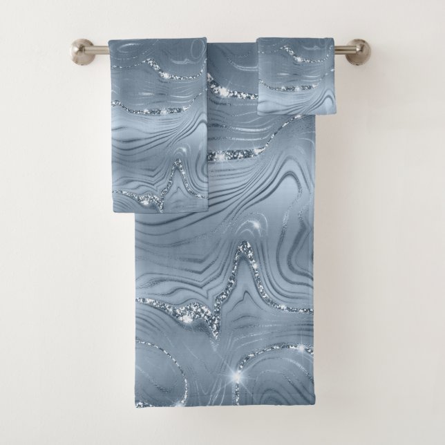 Chic Luxury Dusty Blue Silver Glitter Bath Towel Set (Insitu)