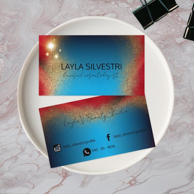 Chic Luxury Gold Glitter On Blue And Red Metallic Business Card (Creator Uploaded)
