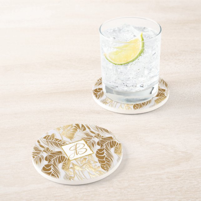 Chic Luxury Monogrammed Monstera Leaf Coaster (Side)