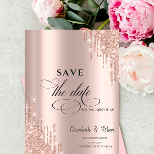Chic Luxury Rose Gold Glitter Drips Save The Date
