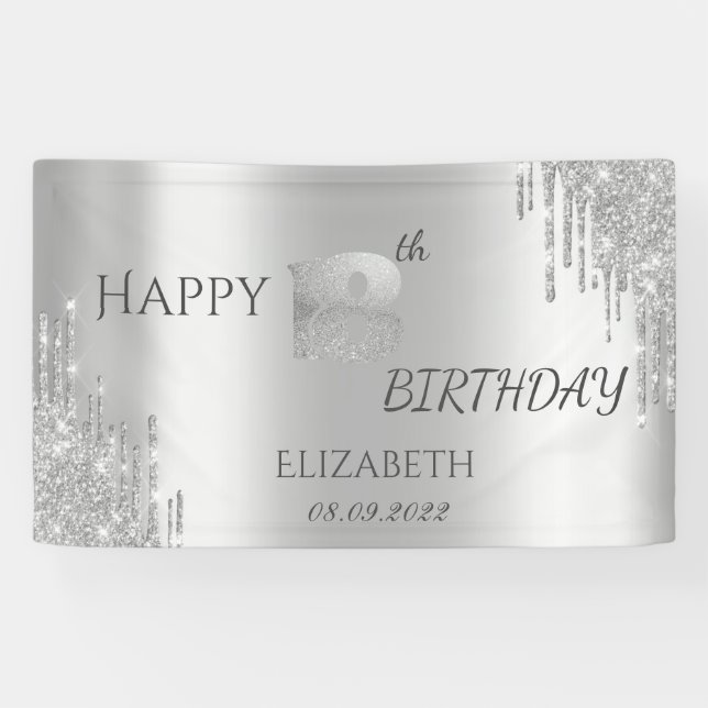 Chic Luxury Silver Glitter Drips 18th Birthday  Banner (Horizontal)