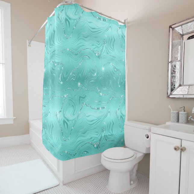 Chic Luxury Turquoise Silver Glitter Pattern Shower Curtain (In Situ)