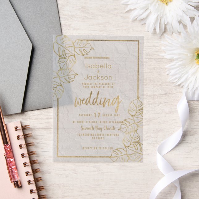 Chic luxury white gold French floral lace Wedding Vellum Invitations (Wedding)