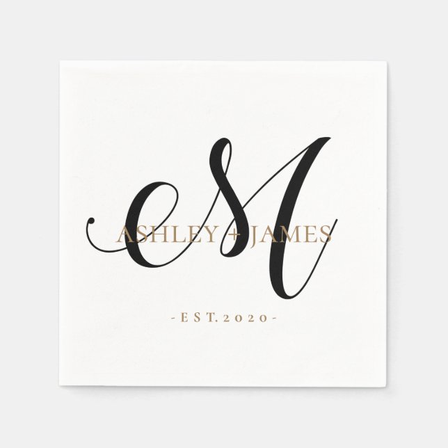  Chic M Monogram Gold Script Name Wedding Date Napkin (Front)