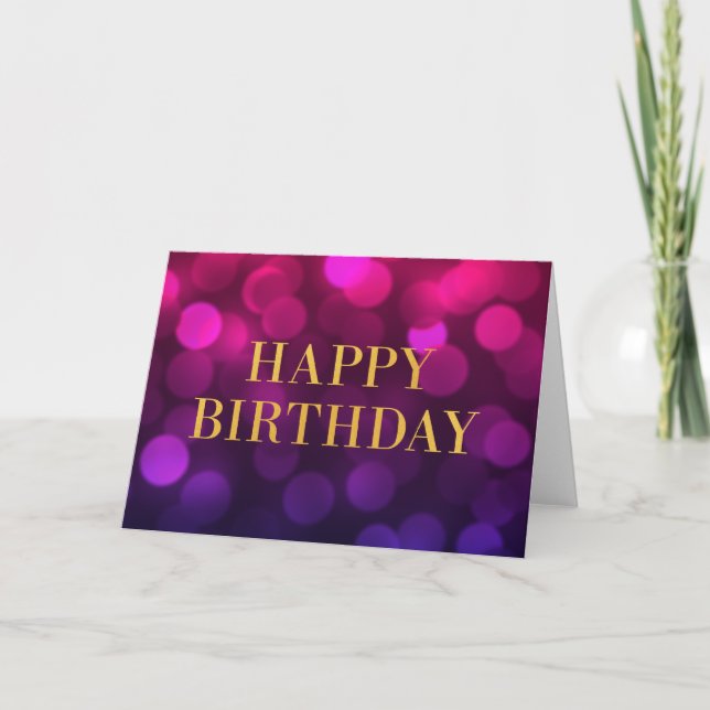 Chic Magenta Bokeh Lights Faux Gold Happy Birthday Card (Front)