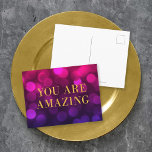 Chic Magenta Bokeh Lights Gold You Are Amazing Postcard<br><div class="desc">Chic motivational postcard featuring the words "You Are Amazing" in faux gold foil against magenta bokeh lights pattern background. To add text to the the card click the "Customise" button. *Please note that the Zazzle Watermark that appears in the zoom preview will NOT appear on the final printed product. ©...</div>