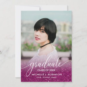 Chic Magenta Glitter Ombre Girly Photo Graduation Announcement
