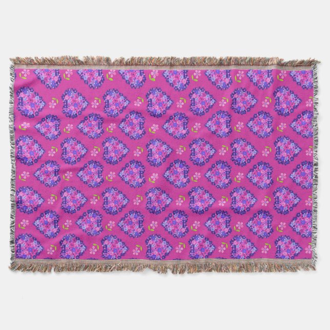 Chic Magenta Hearts and Flowers Throw Blanket (Front)