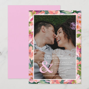 Chic Magenta Pink Floral Photo Wedding Invitation