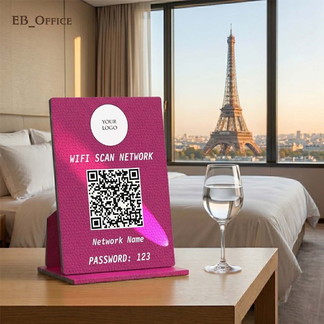 Chic Magenta Pink Leather Spotlight QR Code Wifi  Plaque (Luxury QR Code Wi-fi Tabletop Sign
& Logo
•	Magenta Leather pattern
•	5” x 7”
)