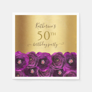 Chic Magenta Rose Floral Gold 50th Birthday Party Napkin