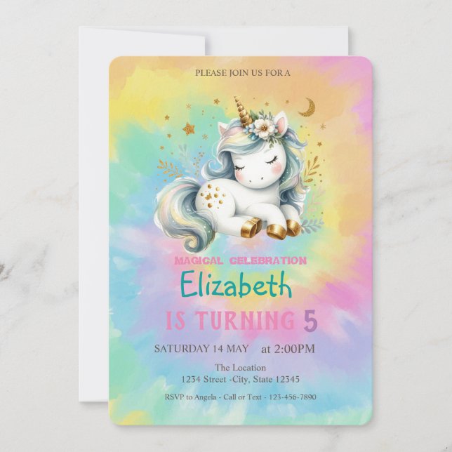 Chic Magical Unicorn Rainbow Tie Dye Birthday  Invitation (Front)