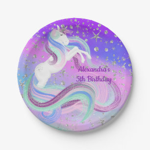 Chic Magical Unicorn Silver Stars Paper Plate