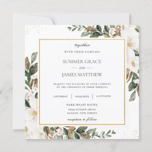 Chic Magnolia Floral Greenery Wedding Square In Invitation