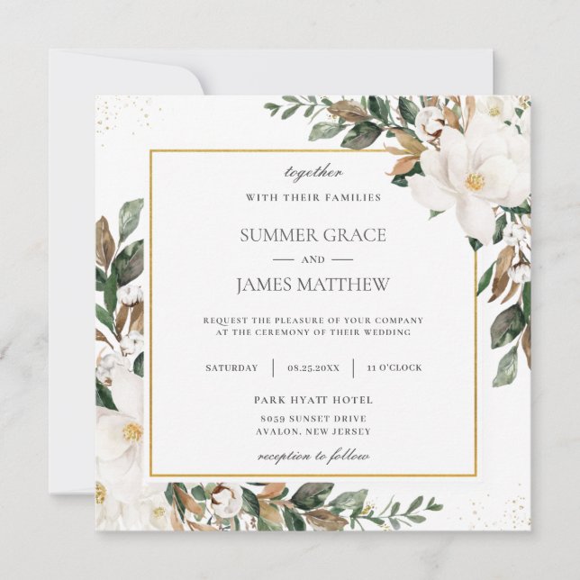 Chic Magnolia Floral Greenery Wedding Square    Invitation (Front)
