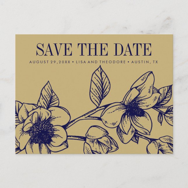 Chic Magnolia Flowers | Gold | Save the date Announcement Postcard (Front)
