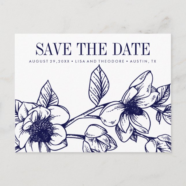 Chic Magnolia Flowers | Navy Blue  | Save the date Announcement Postcard (Front)